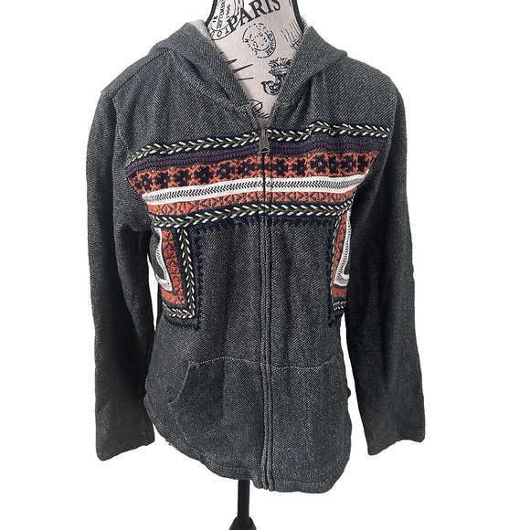 Lucky Lotus Embroidered Zip Hoodie Gray Southwest Boho Cotton Jacket Size Large - Picture 1 of 11